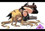  arms_behind_back bdsm bit_gag blonde_hair bondage bound box_tie drooling fate_testarossa gag gagged iga_tamaki leotard letterboxed long_hair lyrical_nanoha mahou_shoujo_lyrical_nanoha_strikers pyramid_(geometry) red_eyes restrained saliva solo stocks tears thighhighs twintails 