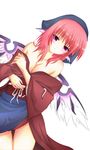  animal_ears bare_shoulders blush breasts cleavage h-arukiti japanese_clothes medium_breasts mystia_lorelei obi off_shoulder okamisty pink_eyes red_hair sash short_hair solo touhou undressing wings 