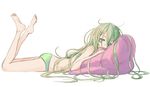  barefoot feet green_hair green_panties hair_ornament hairclip legs_up long_hair lying muranisaki on_stomach original panties solo topless underwear underwear_only 