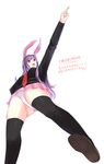  animal_ears artist_name between_breasts black_legwear blazer breasts bunny_ears english from_below gyakuten_saiban irony jacket long_hair long_sleeves miniskirt necktie objection open_mouth outstretched_arm panties pleated_skirt pointing purple_hair red_eyes red_neckwear reisen_udongein_inaba signature simple_background skirt solo teeth thighhighs touhou translated underwear upskirt watashishi white_background 