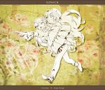  1girl :o carrying chunko dress flower gosick hat kujou_kazuya letterboxed lolita_fashion monochrome outstretched_arm pointing princess_carry sweatdrop victorica_de_blois yellow 