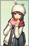  animal_ears bag black_hair blue_nails border box brown_hair bunny_ears casual coat gift hat heart heart-shaped_box holding holding_gift lvans nail_polish nanasaki_aki original pink_eyes red_eyes red_scarf scarf smile solo valentine 