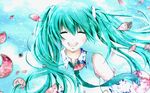  :d aonoe aqua_hair bad_id bad_pixiv_id closed_eyes detached_sleeves face hatsune_miku long_hair necktie open_mouth petals smile solo twintails vocaloid 