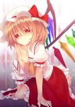  arm_support bare_shoulders blonde_hair fang flandre_scarlet flat_chest hat light_smile mzyk nipples off_shoulder open_clothes open_shirt red_eyes shirt short_hair sitting solo touhou wings 