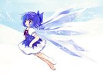  barefoot blue_eyes blue_hair bow cirno dress dress_shirt hair_bow highres ice pinafore_dress shirt short_hair solo touhou wings yume_shokunin 