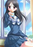  black_hair bread eating food fukiyose_seiri hinata_keiichi legs long_hair melon_bread purple_eyes school_uniform serafuku sitting skirt solo to_aru_majutsu_no_index window 