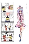  4koma blonde_hair blue_hair book broshake chair comic fist_bump fu_(mushibun) hat high_heels highres lunasa_prismriver lyrica_prismriver merlin_prismriver multiple_girls musical_note shoes short_hair skirt touhou translated 