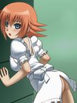  alternate_costume apron awa bakugan bakugan_new_vestroia blue_eyes blush breast_press breasts earrings enmaided frills jewelry maid medium_breasts mira_fermen orange_hair short_hair solo 