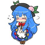  blue_hair blush boots chibi closed_eyes cross-laced_footwear eruru_(erl) food fruit hat highres hinanawi_tenshi lace-up_boots long_hair peach solo tears touhou v_arms 