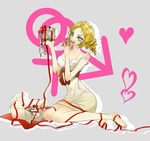  1girl bad_id bad_pixiv_id barefoot blonde_hair blue_eyes cake catherine catherine_(game) dress drill_hair food gift holding holding_gift long_legs mars_symbol miniboy ribbon sheep toki-o twin_drills twintails venus_symbol vincent_brooks 