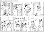  black_and_white blush canine closet_coon colin_young comic covering covering_self fox jeff-kun laugh leafdog male mammal monochrome nude raccoon red_fox towel uncolored 