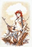  anthro barbed_wire breasts bullets cat claws feline female gloves gun hair looking_at_viewer mammal nipples nude piercing pussy ranged_weapon red_hair rifle solo tattoo weapon 