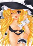  bent_over bikini blonde_hair breasts cleavage kirisame_marisa large_breasts long_hair marker_(medium) one_eye_closed pastel_(medium) red_eyes solo swimsuit touhou traditional_media very_long_hair yadokari_genpachirou 