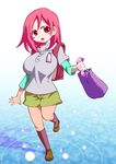  backpack bag big_breasts breasts female full_body large_breasts purple_bag purple_shirt randoseru red_eyes red_hair shirt solo standing_on_one_leg walking 