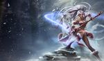  animal artist_request boots league_of_legends loincloth long_hair midriff navel nidalee official_art polearm ponytail silver_hair snow snow_bunny_nidalee solo spear weapon white_hair 