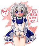  blue_eyes braid izayoi_sakuya maid maid_headdress open_mouth shinjitsu silver_hair solo touhou translated twin_braids 