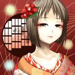  brown_eyes brown_hair eyeshadow hagiwara_yukiho idolmaster idolmaster_(classic) japanese_clothes kimono lipstick makeup short_hair smile solo tog_(shoten) 