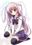  alternate_costume animal_ears asakura_hayate black_legwear blush bunny_ears contemporary hair_ornament hairclip long_hair pink_hair plaid plaid_skirt pout red_eyes reisen_udongein_inaba school_uniform sitting skirt solo thighhighs touhou very_long_hair wariza zettai_ryouiki 