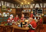  4boys anbe_yoshirou chair christmas clock dining_room dinner eating food highres indoors kitchen lamb multiple_boys multiple_girls original plant potted_plant reindeer room santa_costume table talking 