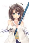  bad_id bad_pixiv_id blue_eyes brown_hair detached_sleeves dissidia_012_final_fantasy dissidia_final_fantasy final_fantasy final_fantasy_x green_eyes heterochromia hiyo_kiki holding holding_wand japanese_clothes short_hair simple_background smile solo staff wand yuna_(ff10) 