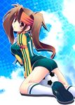  ass ball brown_eyes brown_hair endou_mamoru genderswap genderswap_(mtf) headband inazuma_eleven inazuma_eleven_(series) long_hair looking_back soccer_ball solo telstar tokinon twintails 