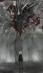  akakatta armor blood demon horns looking_at_viewer monster open_mouth silver_hair size_difference standing twintails wall 