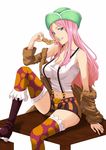  1girl breasts cleavage eating female food hat jewelry_bonney long_hair navel one_piece patterned_legwear pink_hair pizza sabaody_archipelago seven_(11) shorts sitting solo suspenders 