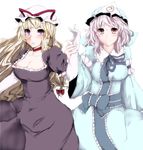  blonde_hair breasts dress gap ghost hat highres japanese_clothes kinou_no_shika long_hair medium_breasts multiple_girls pink_eyes pink_hair purple_eyes saigyouji_yuyuko touhou yakumo_yukari 