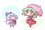  :d ascot blue_hair blush bow chibi cirno dress green_hair hair_bow hair_ornament kazami_yuuka maitora multiple_girls open_mouth parasol plant pot red_eyes short_hair smile touhou umbrella wings 