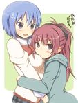  blue_eyes blue_hair blush_stickers brown_eyes hood hoodie hug lockheart long_hair mahou_shoujo_madoka_magica miki_sayaka mitakihara_school_uniform multiple_girls ponytail red_hair sakura_kyouko school_uniform short_hair sweatdrop translated yuri 