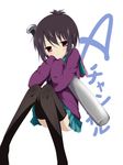  a_channel baseball_bat black_hair black_legwear blush ichii_tooru red_eyes school_uniform serafuku short_hair sitting skirt sleeves_past_fingers sleeves_past_wrists solo sweater thighhighs yuki_(sangeki5806) zettai_ryouiki 