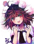  ahoge bad_id bad_pixiv_id blush brown_hair character_name goose_h hat looking_at_viewer open_mouth red_eyes shameimaru_aya smile solo tokin_hat touhou upper_body 