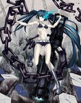  absurdres armpits bad_id bad_pixiv_id bare_shoulders belt bikini_top black_hair black_rock_shooter black_rock_shooter_(character) blue_eyes blue_hair boots burning_eye chain glowing gun highres huge_weapon keikotsu knee_boots long_hair midriff pale_skin scar short_shorts shorts solo twintails very_long_hair weapon 