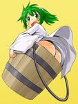  ass bad_id bad_pixiv_id bucket green_eyes green_hair hair_bobbles hair_ornament in_bucket in_container kisume no_panties open_mouth simple_background solo takura_mahiro touhou twintails wooden_bucket 