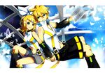  1girl arm_warmers artrica blonde_hair blue_eyes brother_and_sister day detached_sleeves hair_ornament hair_ribbon hairclip headphones highres kagamine_len kagamine_len_(append) kagamine_rin kagamine_rin_(append) leg_warmers navel popped_collar ribbon sheet_music short_hair shorts siblings sky smile twins vocaloid vocaloid_append 