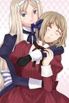  axis_powers_hetalia bangs belarus_(hetalia) blonde_hair blue_dress blue_eyes blush buttons closed_eyes dress gloves hair_ornament hair_ribbon hug juliet_sleeves kellywu liechtenstein_(hetalia) light_smile long_hair long_sleeves mouth_hold multiple_girls parted_bangs puffy_sleeves red_dress ribbon short_hair sidelocks silver_hair teeth yuri 