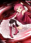  amaya_enaka arm_up armpits ass bad_id bad_pixiv_id black_legwear boots chain detached_sleeves fang long_hair magical_girl mahou_shoujo_madoka_magica pink_eyes pink_hair polearm ponytail sakura_kyouko smile solo spear thighhighs weapon 