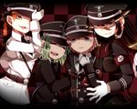  armband bad_id bad_pixiv_id belt black_hair braid cape checkered checkered_background evil fangs gloves green_hair grin hat kaenbyou_rin komeiji_koishi komeiji_satori military military_uniform multiple_girls nazi peaked_cap pink_hair pote_(aonibi_kairou) red_hair reiuji_utsuho sam_browne_belt sharp_teeth skull smile swastika teeth third_eye totenkopf touhou twin_braids uniform white_gloves 