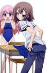  baka_to_test_to_shoukanjuu blush himeji_mizuki kinoshita_hideyoshi legs long_hair photoshop pink_hair render short_hair swimsuit thighs undressing 