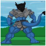  aaron bulge butt claws dragon horns lizard male muscles presenting raised_tail reptile scalie skimpy solo standing tail 