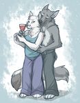  2011 arctic_fox blue_eyes canine chest_tuft chin_tuft couple cuddle cute drinks facial_markings female fox goatee jeans keihound kissing lauren logan_frost male nibbling seduction spaghetti_strap straight topless wine wine_glass wolf 