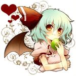  apple bat_wings blue_hair blush bow food fruit heart no_hat no_headwear red_eyes remilia_scarlet short_hair smile solo touhou upper_body uru_uzuki wings 