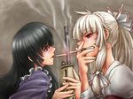  assault_rifle black_hair bow bushmaster_acr cigarette cigarette_kiss commentary_request didloaded eye_contact frills fujiwara_no_mokou grin gun houraisan_kaguya looking_at_another multiple_girls rifle smile smoke teeth touhou weapon white_hair 