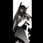  bad_id bad_pixiv_id barefoot blade_(galaxist) breasts horns large_breasts long_hair monochrome pale_skin pillarboxed pixiv_fantasia pixiv_fantasia_5 red_eyes solo spot_color 