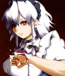  bow braid hair_bow highres izayoi_sakuya maid_headdress pocket_watch short_hair silver_hair solo touhou twin_braids umakatsuhai watch 