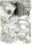  book bookshelf brooch closed_eyes crescent crystal flower graphite_(medium) hat hat_ribbon hiddenn jewelry library light_smile lily_(flower) magic_circle monochrome paper patchouli_knowledge ribbon solo touhou traditional_media voile 