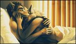  bed canine couple ear_piercing earring embrace female hair hug intimate love male nude photorealism piercing sheets short_hair star_(artist) straight 