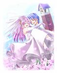  1girl angel_beats! bad_id bad_pixiv_id bare_shoulders bell blush bridal_veil bride carrying closed_eyes dress elbow_gloves flower gloves hair_flower hair_ornament highres hinata_(angel_beats!) long_hair miyanonnon multicolored multicolored_rose open_mouth pink_flower pink_rose princess_carry red_flower red_rose rose smile veil wedding_dress white_flower white_rose yui_(angel_beats!) 