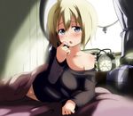 :o alarm_clock alternate_costume analog_clock atahuta bed blonde_hair blue_eyes blush book clock curtains erica_hartmann heart indoors looking_at_viewer lying off_shoulder on_side open_mouth roman_numerals shiny shiny_skin short_hair solo strike_witches sweater symbol-shaped_pupils window world_witches_series 