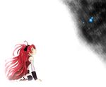  darkness haiko kneeling long_hair magical_girl mahou_shoujo_madoka_magica ponytail profile red_eyes red_hair sakura_kyouko simple_background solo thighhighs 